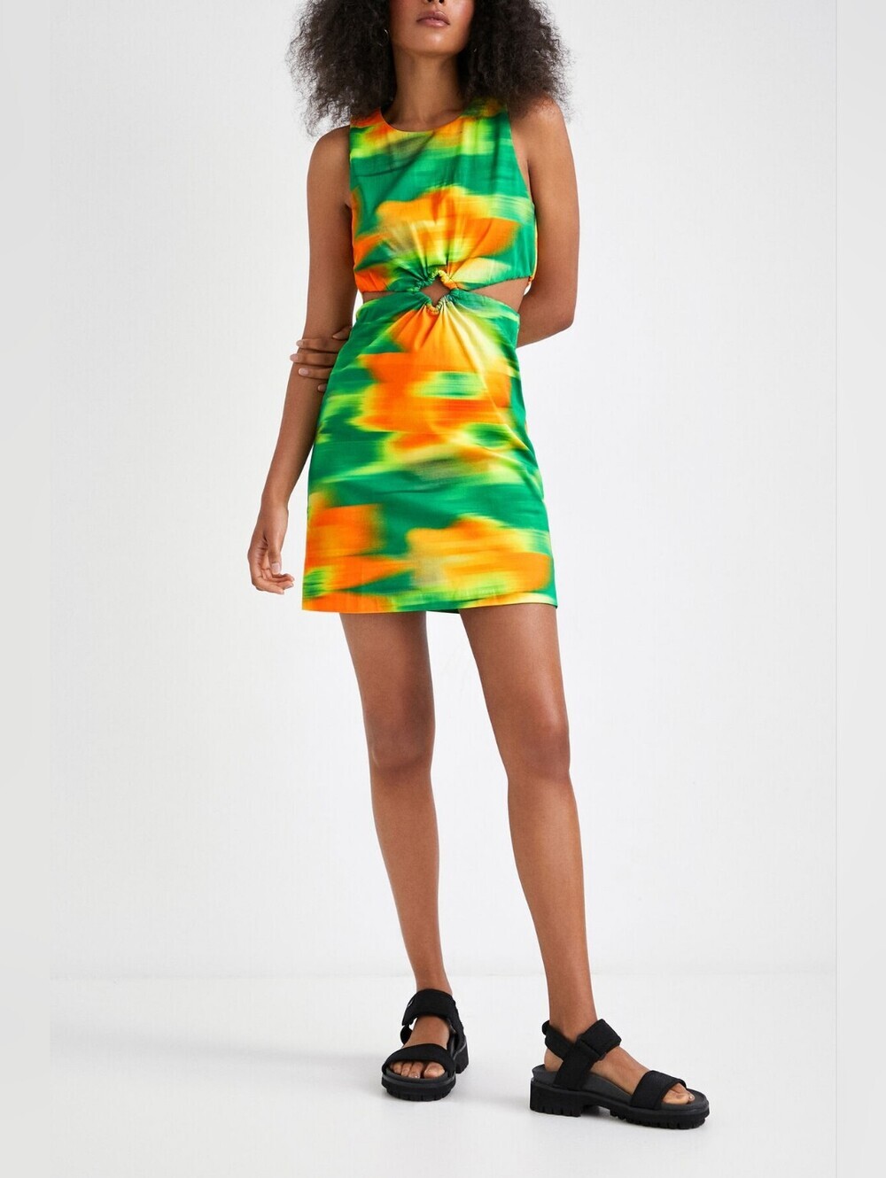 Short Slim Cut-Out Green & Orange Mini Dress Size XL